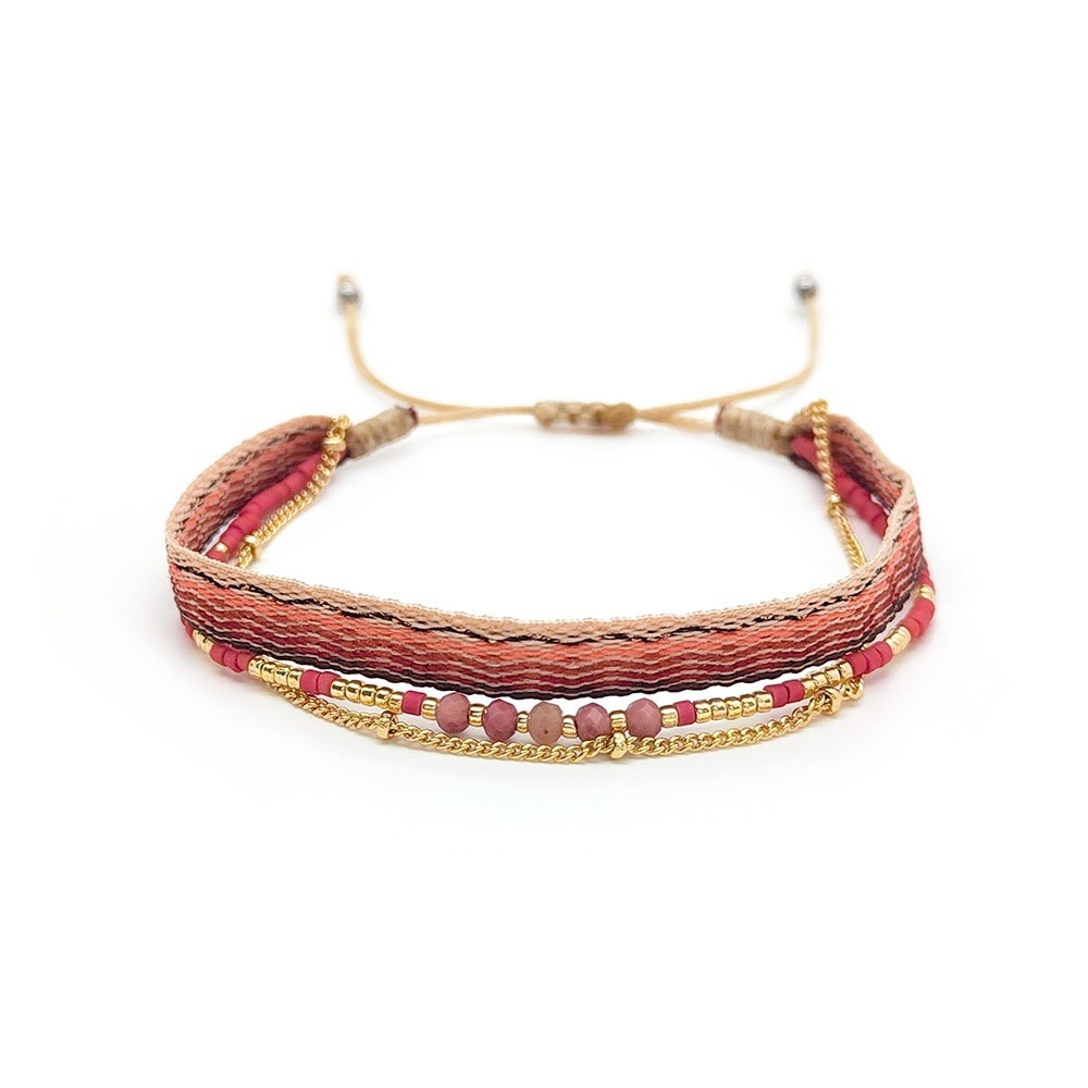 Boho Multi-Strand Woven‎ Friendship Bracelet Pink Gold Beaded Adjustable Layered